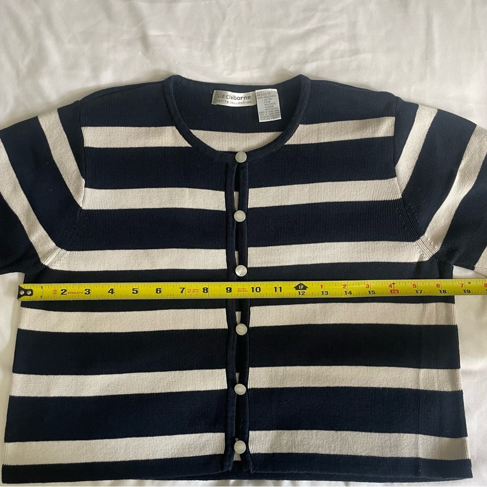 Liz Claiborne Cropped Navy Blue White Striped Nautical Inspired Button Cardigan - Picture 11 of 11
